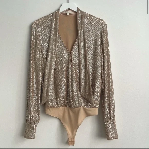 Jonathan Simkhai Sequin Metallic Long Sleeve Tie Neck Champagne Glam Bodysuit XS - Picture 2 of 9
